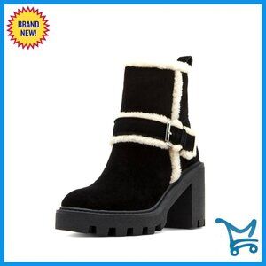 Waterproof Suede Ankle Boots with Fur Lining and Block Heel
